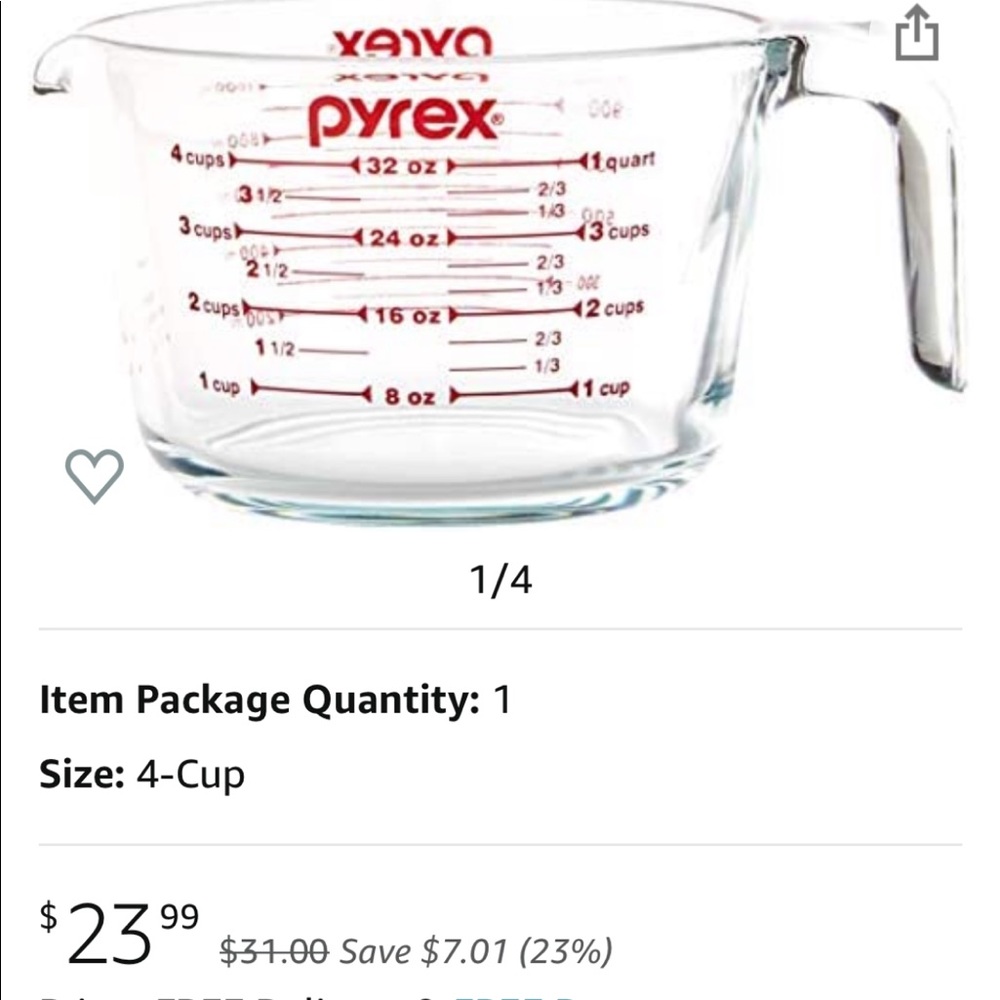 New pyrex 4 cups / 1 quart glass measuring cup